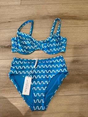 Seafolly womens Bright Blue Wave Print Bikini Set